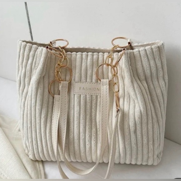 Handbags - NWT Soft Corduroy/Terry Cloth Textured Cream Women's Tote/ Shoulder Bag 13 X 11